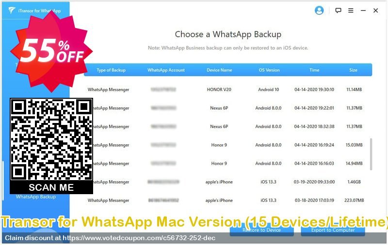 iTransor for WhatsApp MAC Version, 15 Devices/Lifetime  Coupon, discount 55% OFF iTransor for WhatsApp Mac Version (15 Devices/Lifetime), verified. Promotion: Awful offer code of iTransor for WhatsApp Mac Version (15 Devices/Lifetime), tested & approved
