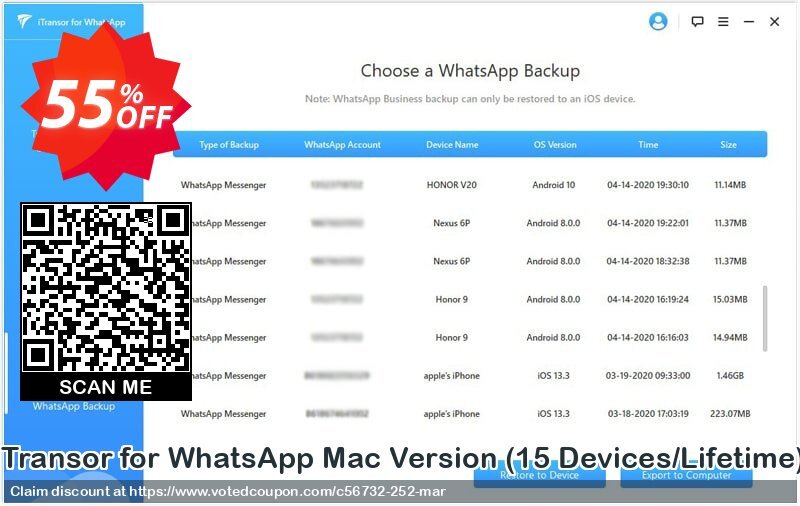 iTransor for WhatsApp MAC Version, 15 Devices/Lifetime  Coupon, discount 55% OFF iTransor for WhatsApp Mac Version (15 Devices/Lifetime), verified. Promotion: Awful offer code of iTransor for WhatsApp Mac Version (15 Devices/Lifetime), tested & approved