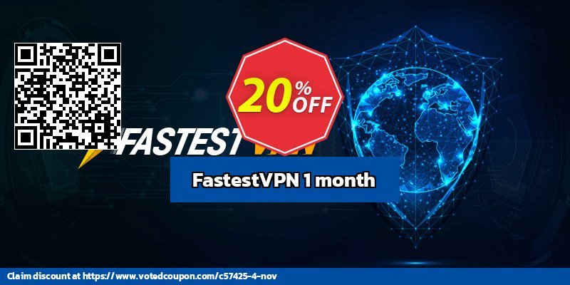 FastestVPN Monthly Coupon, discount 20% OFF FastestVPN 1 month, verified. Promotion: Super offer code of FastestVPN 1 month, tested & approved