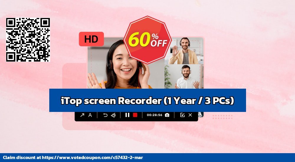 iTop screen Recorder, Yearly / 3 PCs  Coupon, discount 60% OFF iTop screen Recorder (1 Year / 3 PCs), verified. Promotion: Wonderful offer code of iTop screen Recorder (1 Year / 3 PCs), tested & approved