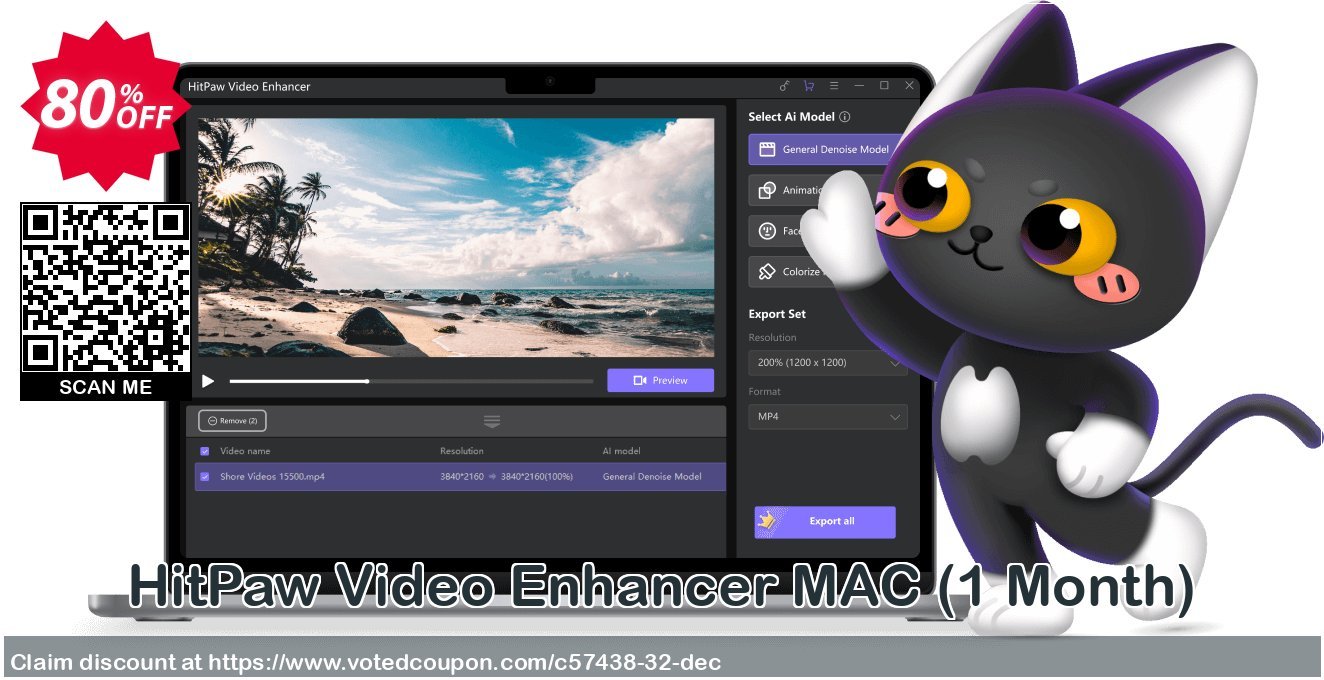 HitPaw Video Enhancer MAC, Monthly  Coupon Code Sep 2023, 80% OFF - VotedCoupon