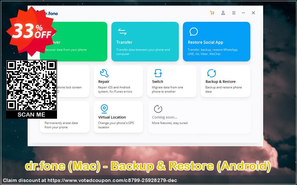 dr.fone, MAC - Backup & Restore, Android  Coupon, discount Dr.fone all site promotion-30% off. Promotion: Special sales code of dr.fone - Android Backup & Restore for Mac 2023