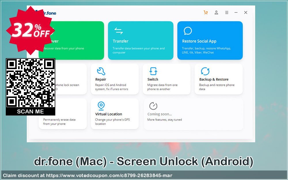 dr.fone, MAC - Screen Unlock, Android  Coupon, discount Dr.fone all site promotion-30% off. Promotion: Impressive deals code of dr.fone - Android Unlock (Mac) 2024