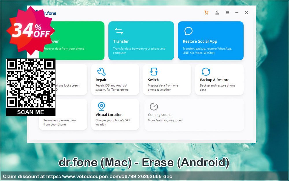 Get 34% OFF dr.fone, Mac - Erase, Android Coupon
