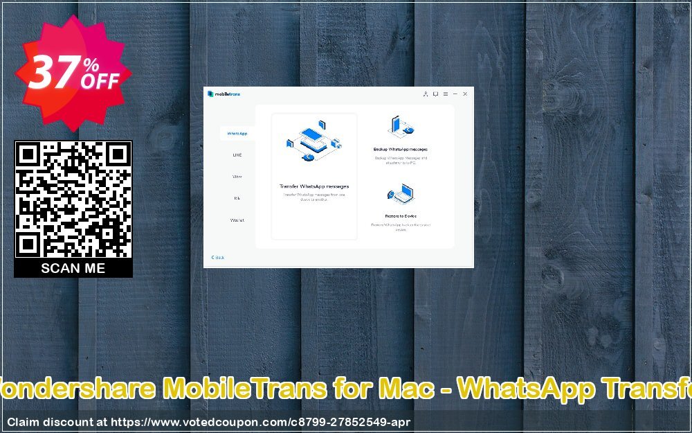 Wondershare MobileTrans for MAC - WhatsApp Transfer Coupon, discount MT 30% OFF. Promotion: Dreaded discount code of MobileTrans (Mac) - WhatsApp Transfer 2024