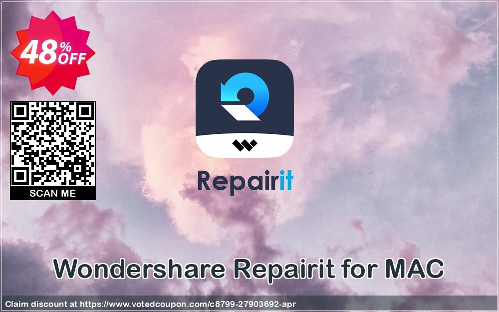 Wondershare Repairit for MAC Coupon, discount 30% Off for Wondershare Recoverit. Promotion: Amazing discounts code of Wondershare Video Repair(Mac) 2024