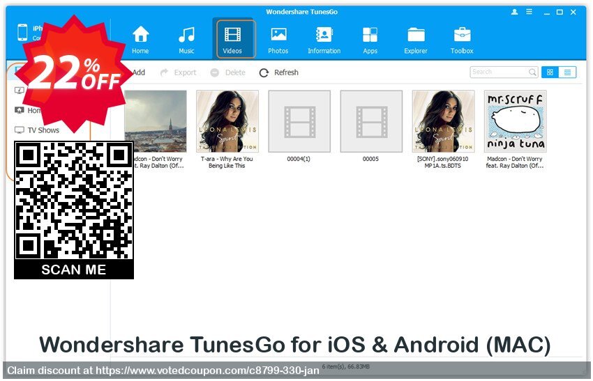 Wondershare TunesGo for iOS & Android, MAC  Coupon, discount Dr.fone 20% off. Promotion: 30% Main coupon for all TunesGo MAC - WONDERSHARE, TunesGo for MAC
