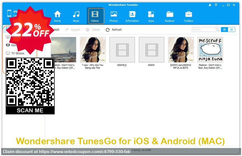 Wondershare TunesGo for iOS & Android, MAC  Coupon, discount Dr.fone 20% off. Promotion: 30% Main coupon for all TunesGo MAC - WONDERSHARE, TunesGo for MAC