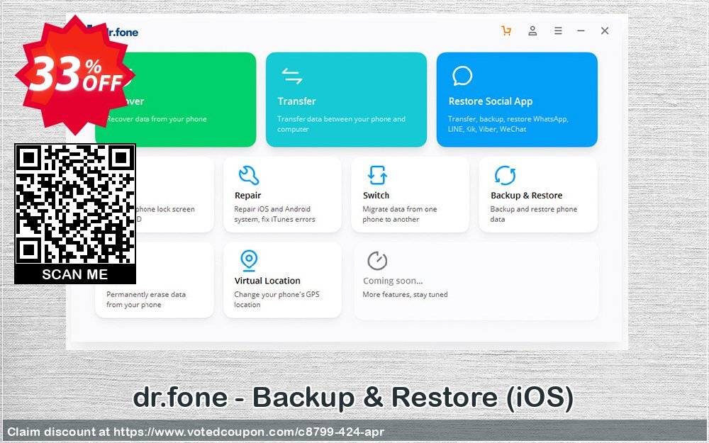 dr.fone - Backup & Restore, iOS  Coupon, discount Dr.fone all site promotion-30% off. Promotion: 30% Wondershare Software (8799)