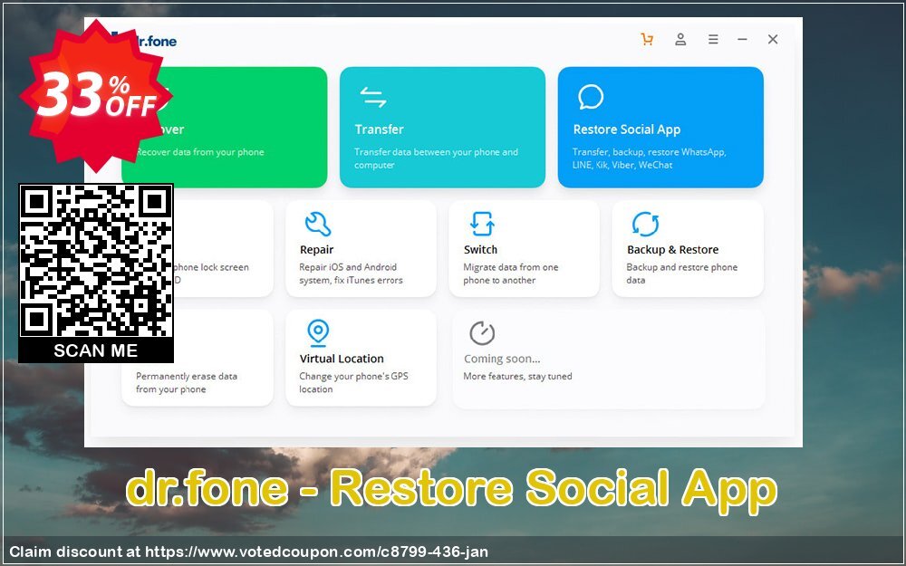 dr.fone - Restore Social App Coupon, discount Dr.fone all site promotion-30% off. Promotion: 30% Wondershare Software (8799)
