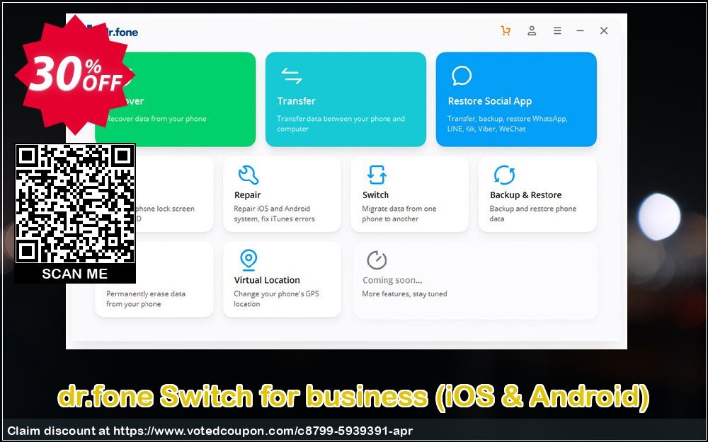 dr.fone Switch for business, iOS & Android  Coupon, discount Dr.fone all site promotion-30% off. Promotion: marvelous promo code of dr.fone Switch for business (iOS & Android) 2024