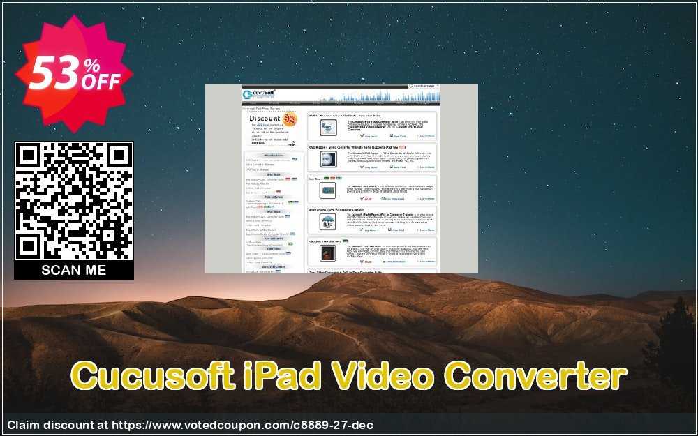 Cucusoft iPad Video Converter Coupon, discount Cucusoft iPad Video Converter wondrous sales code 2024. Promotion: Cucusoft discount coupons (8889)
